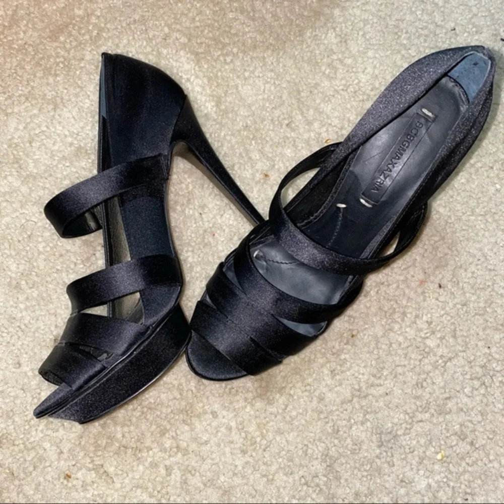 Strappy Black Satin Designer Playform Heels in 10